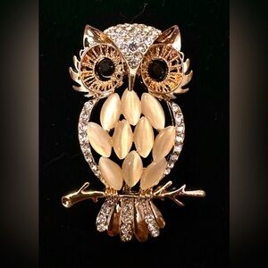 Owl Brooch Gold and Silver with Rhinestones